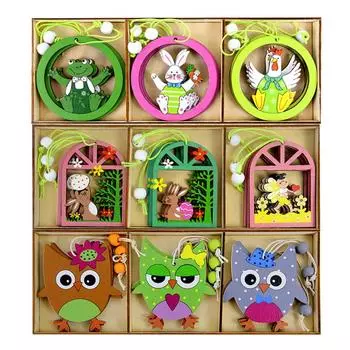 9 шт. Пасхальные деревянные подвески в виде кролика, пасхальные украшения, милая картина, кролик, цыпленок, деревянные поделки для весны, пасхальные подвесные украшения, подарки