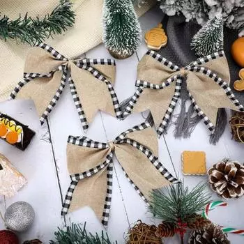 9 шт. Рождественские банты из мешковины, клетчатый бант, узел для рождественского венка на елку, бант, украшение на праздник черный белый