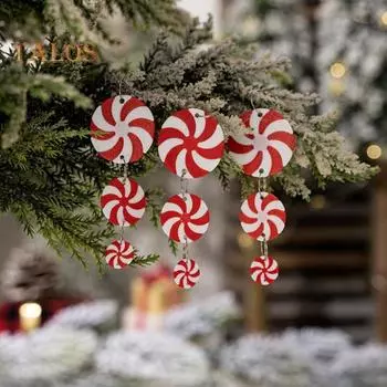 9 шт. Рождественские украшения из конфет, красные и белые круглые подвесные украшения из конфет, рождественские подвески из конфет для домашней вечеринки на рождественской елке A