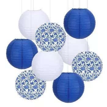 9 шт. Сине-белые китайские фонарики, подвесные круглые бумажные фонарики, украшение для свадьбы, дня рождения, вечеринки, потолочный декор 9pcs