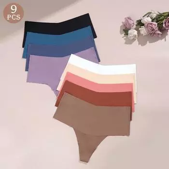 9 шт. женские стринги бесшовные однотонные трусики с высокой талией треугольные трусики V-образной талии удобные бесшовные трусы с Т-образной спинкой нижнее белье SML Xl L разноцветный