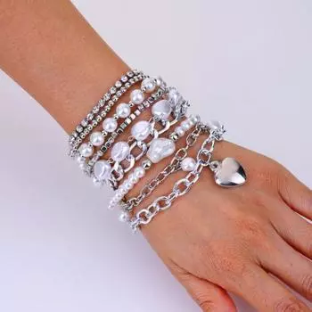 9 шт. женский браслет комплект искусственный жемчуг стразы сердце кулон полая цепь блестящий сплав регулируемая длина винтажные стекируемые браслеты наручные украшения серебряный