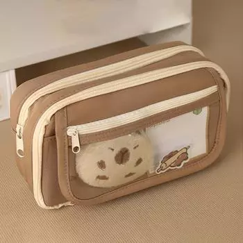 9-слойная симпатичная сумка для карандашей с наклейками, кавайный пенал на молнии, большая вместимость, держатель для канцелярских принадлежностей Capybara, сумка для школьных принадлежностей кофейный
