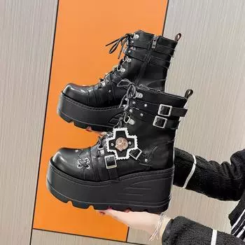 9 см металлические цепи лакированная кожа панк ботильоны женские новые зимние дизайнерские массивные ботинки на платформе женские черные готические туфли в стиле Лолиты 35 чёрный