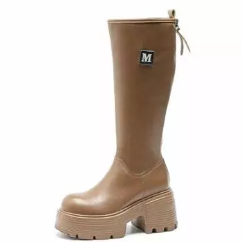 9 см микрофибра кожа женские повседневные высокие сапоги до колена на платформе танкетке туфли на каблуках осенняя модная обувь на молнии 34 бежевый