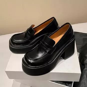 9 см натуральная кожа женские туфли на толстой подошве, увеличивающие рост винтажные туфли-лодочки на толстом среднем каблуке весенняя модная кожаная обувь размер 34-39 34 чёрный