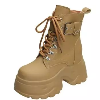 9 см новые осенние ботильоны на платформе с высоким каблуком женские толстые подошвы зимние кожаные нескользящие панковские туфли массивные мотоциклетные ботинки женские 34 коричневый