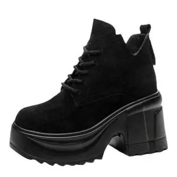 9 см замшевые кожаные весенние ботильоны на толстом каблуке на платформе танкетке новые осенние женские вулканизированные повседневные туфли на высоком каблуке с застежкой-молнией 34 бежевый