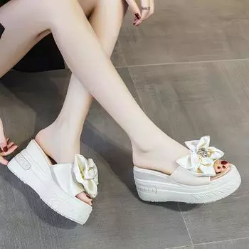 9 см женские модные тапочки на танкетке со стразами женские сандалии летние новые тапочки на толстой подошве пляжная повседневная обувь 35 чёрный