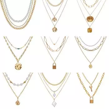 9 стилей богемный многослойный сплав полый ключ с ключом и жемчугом кулон ожерелье женские ювелирные изделия подарок 8 золотой