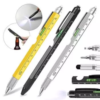 9-в-1 многофункциональная ручка-инструмент со светодиодной подсветкой Компактный дизайн Портативные отвертки Открывалка для бутылок Многофункциональная ручка-инструмент Гаджет серебряный