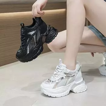 9cm Height Increase Summer Breathable Mesh Rhinestone Thick Bottom Increase Casual Sports Shoes Heel Increase Women s Shoes 34 белый