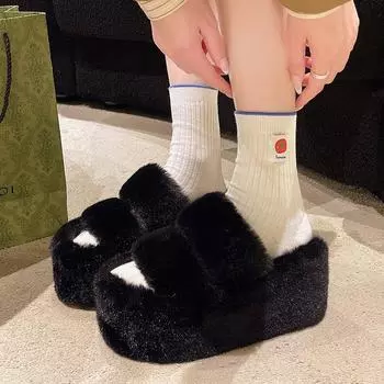 9CM~ Internet celebrity leopard print thick-bottomed fluffy slippers for women to wear 2024 autumn and winter new small man heightening open-toed 34 чёрный