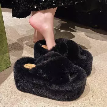 9CM~ Internet celebrity leopard print thick-bottomed fluffy slippers for women to wear 2024 autumn and winter new small man heightening open- 34 чёрный