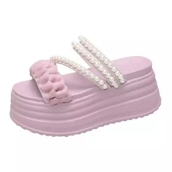 9CM Summer Casual High Platform Sandals Women Buckle Strap Slippers Thick Bottom Pearl Sandalias Woman Chunky Beach Shoes Mujer 35 бежевый