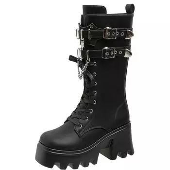 9CM Women s Punk Gothic Boots Fashion Buckle Chain High Heels Mid Calf Boots Women Size 42 Autumn Winter Chunky Motorcycle Boots 35 чёрный