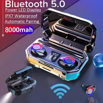 9D HiFi Bluetooth 5.0 CVC8.0 Беспроводная стереогарнитура с шумоподавлением TWS Bluetooth-гарнитура Гарнитура со светодиодным дисплеем Водонепроницаемые двойные наушники с блоком питания белый