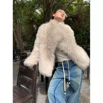 [9Hours] Высококачественный женский меховой кардиган 2024 года с наружными лацканами, женский, m11176 one size fits all серый