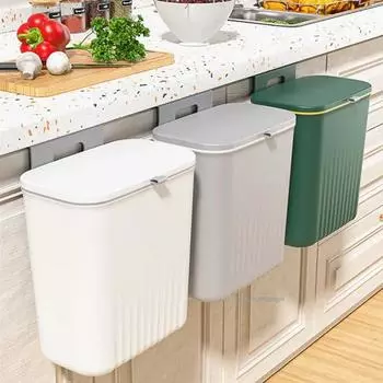 9L Wall Mounted Trash Can Household Waste Bin Hanging Bathroom Trash Can With Lid Food Garbage Bin Kitchen Accessories зелёный