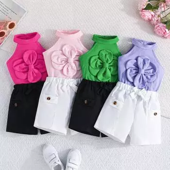 9M-5Y Одежда для девочек Детский комплект Модный жилет Топ Цветок + шорты 2 шт. 9-12M зелёный