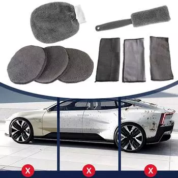 9Pcs Auto Cleaning Tools Microfiber Towel Car Tire Brush Soft Absorbancy Glove Detailing Universal Car Motorcycle Care Set серый