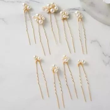 9Pcs U Shaped Pearls Hair Sticks Forks Bride Wedding Hair Jewelry Elegant Beads Hairpins Side Clips Gold Color Alloy Headpieces