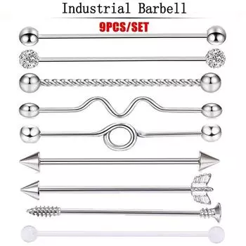 9шт хирургическая сталь промышленная штанга хрящ серьги козелок пирсинг украшения для тела 9Pcs/set