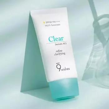9WISHES Dermatic Clear Sunscreen 50 мл, #Vegan #Freckle #Melasma #UVA #UVB, корейская косметика, Kbeauty, пробник
