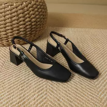 A0998-10 French retro square head thick heel bag head sandals 2025 new summer simple and versatile women s single shoes 35 чёрный