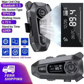 A1 Мотоциклетная гарнитура Bluetooth 5.3 EQ Наушники для шлема Беспроводная гарнитура FM-радио Музыкальный плеер с ЖК-экраном
