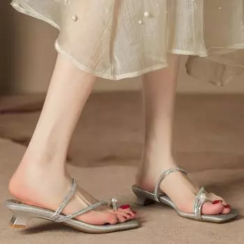 A28-1 low-heeled summer sandals toe diamond belt temperament high-heeled sandals women s skirt small heel women s shoes 35 серебряный