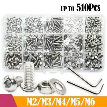 A2 304 Stainless Steel Screw Hex Socket Screw Nut Washer M2 M3 M4 M5 M6 Hexagon Metric Thread Machine Allen Bolt Assortment Kit