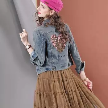 A329 Европейские товары Тяжелая промышленность Принт Топ Куртка Вышивка Blue In Stock L