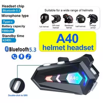A40 Мотоциклетный шлем Bluetooth гарнитура V5.3 RGB цветная подсветка наушники IPX6 водонепроницаемый поддержка подключения 2 телефонов одновременно