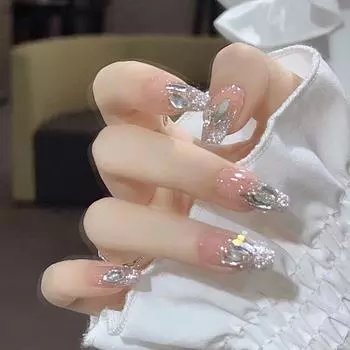 A523 Носимый нейл-арт: Маникюр с бантиком, Блестящие кончики, Алмазные накладные ногти, Патчи ручной работы