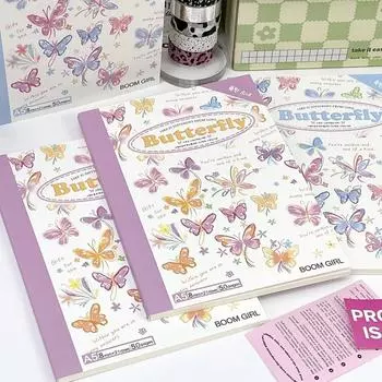 A5 50 листов Блокнот Kawaii Ins Стиль Нарисованные от руки Бабочки Клетчатые линии Портативный Планировщик Ретро Катушка Расписание Школа 14.8x21cm