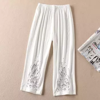 A622 Minimalist All-Match Cropped Pants Ice Silk Thin Embroidery White Embroider XL