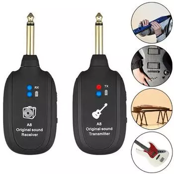 A8 UHF Guitar Wireless System Transmitter Receiver Built-in Rechargeable 30M Range Wireless Guitar Transmitter Musical Accessory