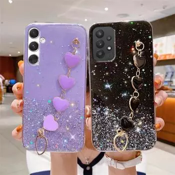 A 54 34 14 15 Блестящий чехол с цепочкой на запястье Love Heart для Samsung Galaxy A54 A34 A14 A24 A15 A25 M14 M34 M54, силиконовый чехол для браслета A04 4G