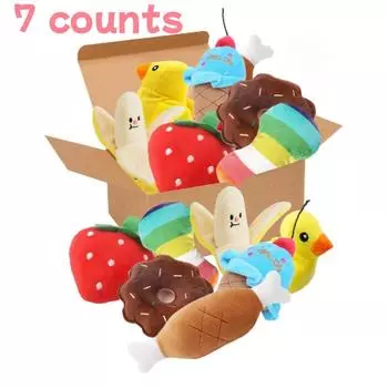 A 7-piece set of puppy sound toys, loose plush pet chewing, plush fruit snacks and vegetable puppy toys, suitable for cute playm красный