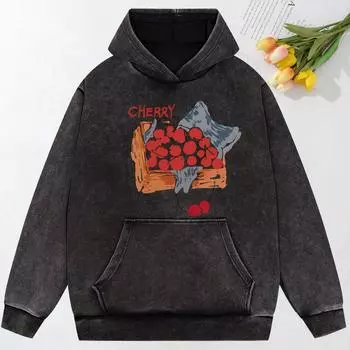 A Basket Of Cherries Printing Washed Clothing Fashion Loose Hoodie Cotton Autumn Hoody Simplicity Fashion M