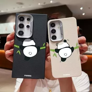 A Cute Panda Print Matte TPU Soft Case For Samsung S24 FE S23 Ultra S22 S21 A16 A55 A54 A35 A34 A15 A14 Leather Texture Slim Shockproof Phone Cover Samsung S24 чёрный