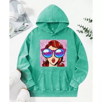 A Fashionable Ladies Wearing Sunglasses Print Women Washed Hoody Autumn Loose Streetwear Trendy Cotton Hoodie Top M