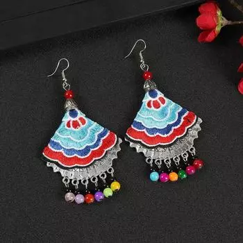 A few embroidered fabric earrings, long tassel personalized fan earrings, women s retro Miao flower earrings