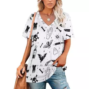 A Few Of My Macabre Things ( On White ) Women Print T-Shirt Summer Casual Tops Streetwear T Shirt Boho Ladies Top Bones Skulls M