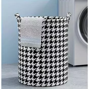 A foldable elegant checkered textile laundry basket with a handle, suitable for bedrooms and living rooms, with random patterns