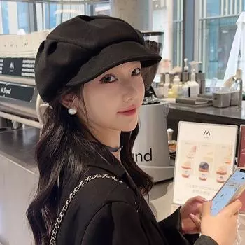 a Little Cloud Octagonal Cap Children s Autumn and Winter Big Head Circumference Easiest for Match Retro Peaked Cap Heattech Painter Beret Black All yards