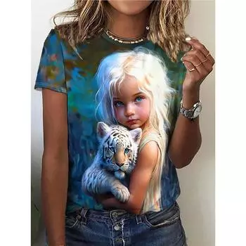 A Little Girl Holding A Tiger Print T-shirt Casual Crew Neck Short Sleeve Top for Spring Summer Women s Clothing Shirt S