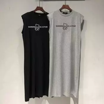 A Loose and Laid-back Women s Dress with A Summer Split Print Sleeveless Vest Dress M чёрный