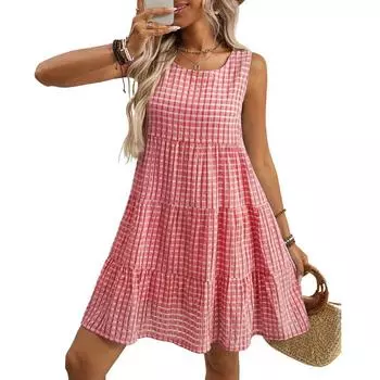 A Loose, Casual and Flowing Sleeveless Plaid Dress for Summer Women S светло-синий